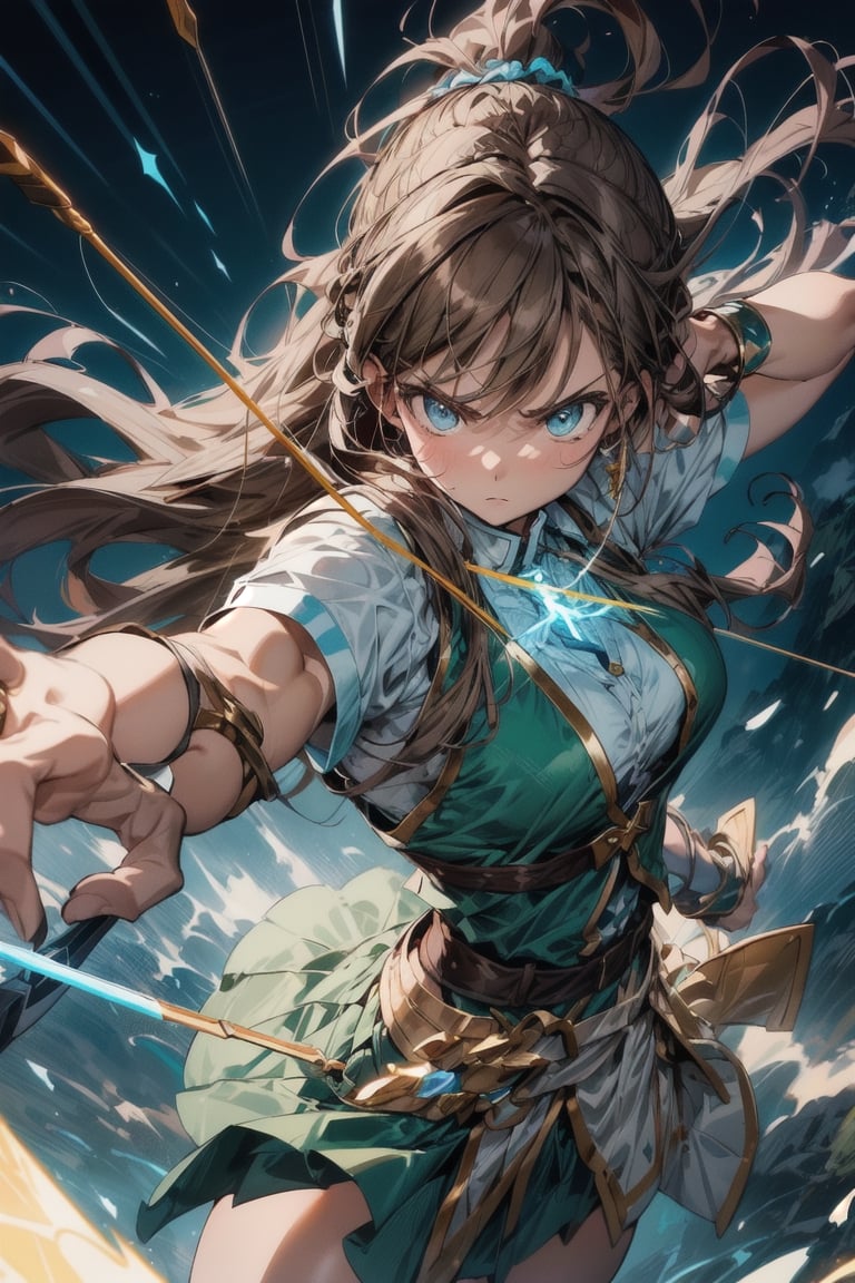 bbest quality, masterpiece, 8k, 1girl, long tied brown hair, light blue eyes, white and green vest with skirt, archer, holding a magical crossbow, dust trails, golden bracelet, seriuous look, looking in the sky, dynamic pose, wonderful, detailed arms, detailed fingers, view from above, neon outline, angry, dynamic scenary, beautiful mountain background beautiful background