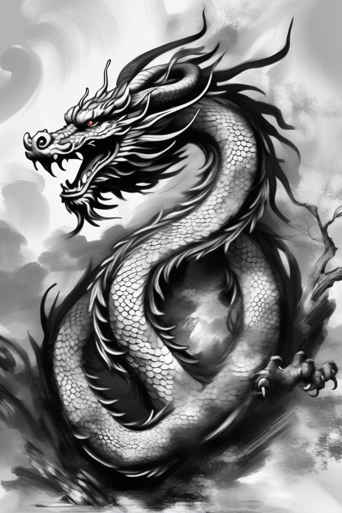 best quality, chinise dragon paint art, beautiful background, black and white, ancient, paint strokes
,Leonardo Style