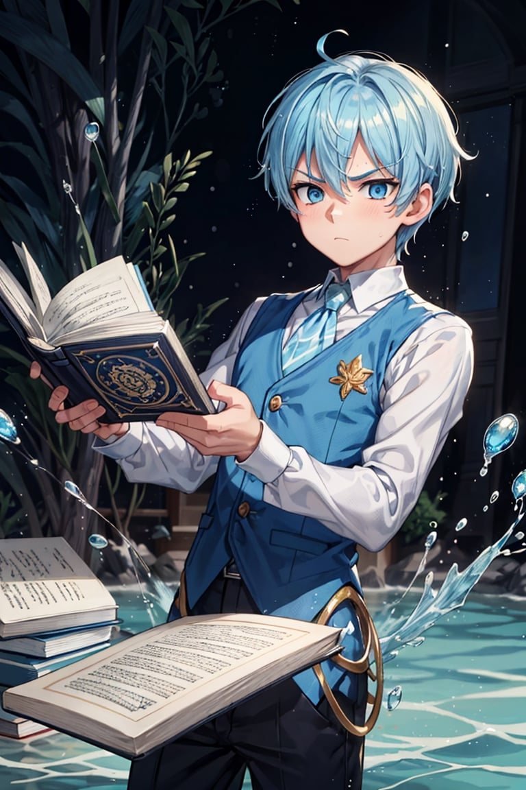 best quality, masterpiece, 8k, 1boy, blue hair, light blue eyes, light blue and white vest, holding a magic book with beautiful golden ornaments, water particles coming out of the book, serious face, battle pose, male, wonderful, beautiful sea background