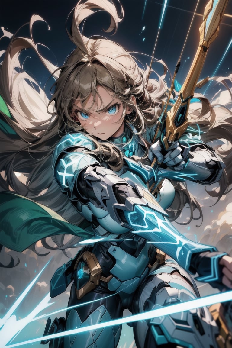 bbest quality, masterpiece, 8k, 1girl, long tied brown hair, light blue eyes,mecha green and white armor, archer, holding a magical crossbow, dust trails, golden bracelet, seriuous look, looking in the sky, dynamic pose, wonderful, detailed arms, detailed fingers, view from above, neon outline, angry, dynamic scenary, beautiful mountain background beautiful background