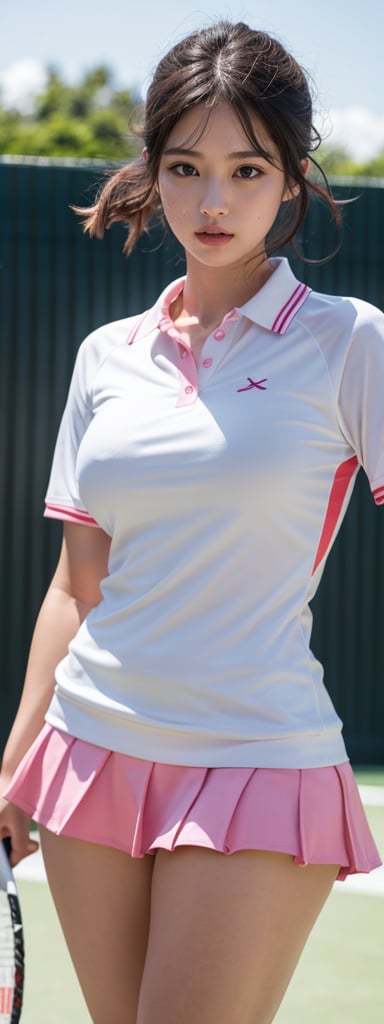 1 girl, alone, white polo shirt, white sneakers, pink tennis suit: 1.3, white miniskirt, masterpiece, best quality, realistic, ultra-detailed, (smooth skin, sweating: 1.4), confusing , camera's sight, short black hair, brown eyes, thin, dynamic lighting, high resolution, clear focus, written border depth, beautiful eyes, clear eyes, actual eyes, (large: 1.2), (thick thighs : 1.0), outdoor, void, korean idol, nogizaka idol, idol sculpture, actor,