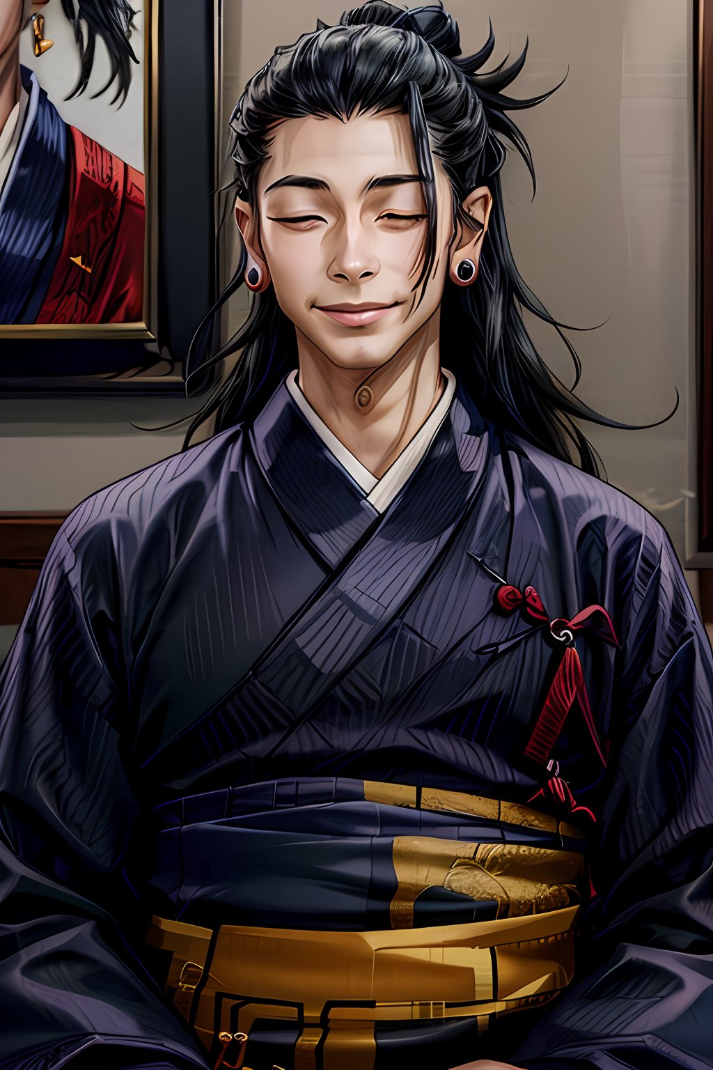 man, getou, solo, long hair, smile, black hair, 1boy, jewelry, closed mouth, closed eyes, upper body, male focus, earrings, japanese clothes, indoors, kimono, hair bun, piercing, single hair bun, ear piercing, portrait, black kimono, hair pulled back, full body ,long,getou