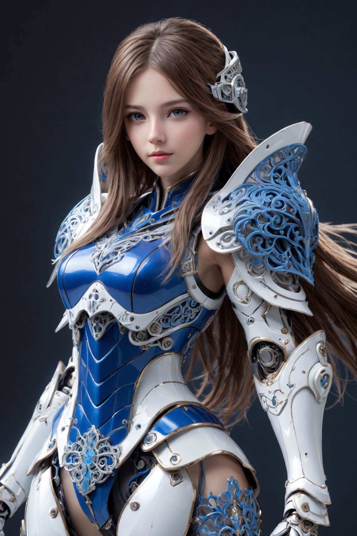front_view,  masterpiece,  best quality,  photorealistic,  raw photo,  (1girl,  looking at viewer),  long hair,  mechanical white armor,  intricate armor,  delicate blue filigree,  intricate filigree,  red metalic parts,  detailed part,  dynamic pose,  detailed background,  dynamic lighting
