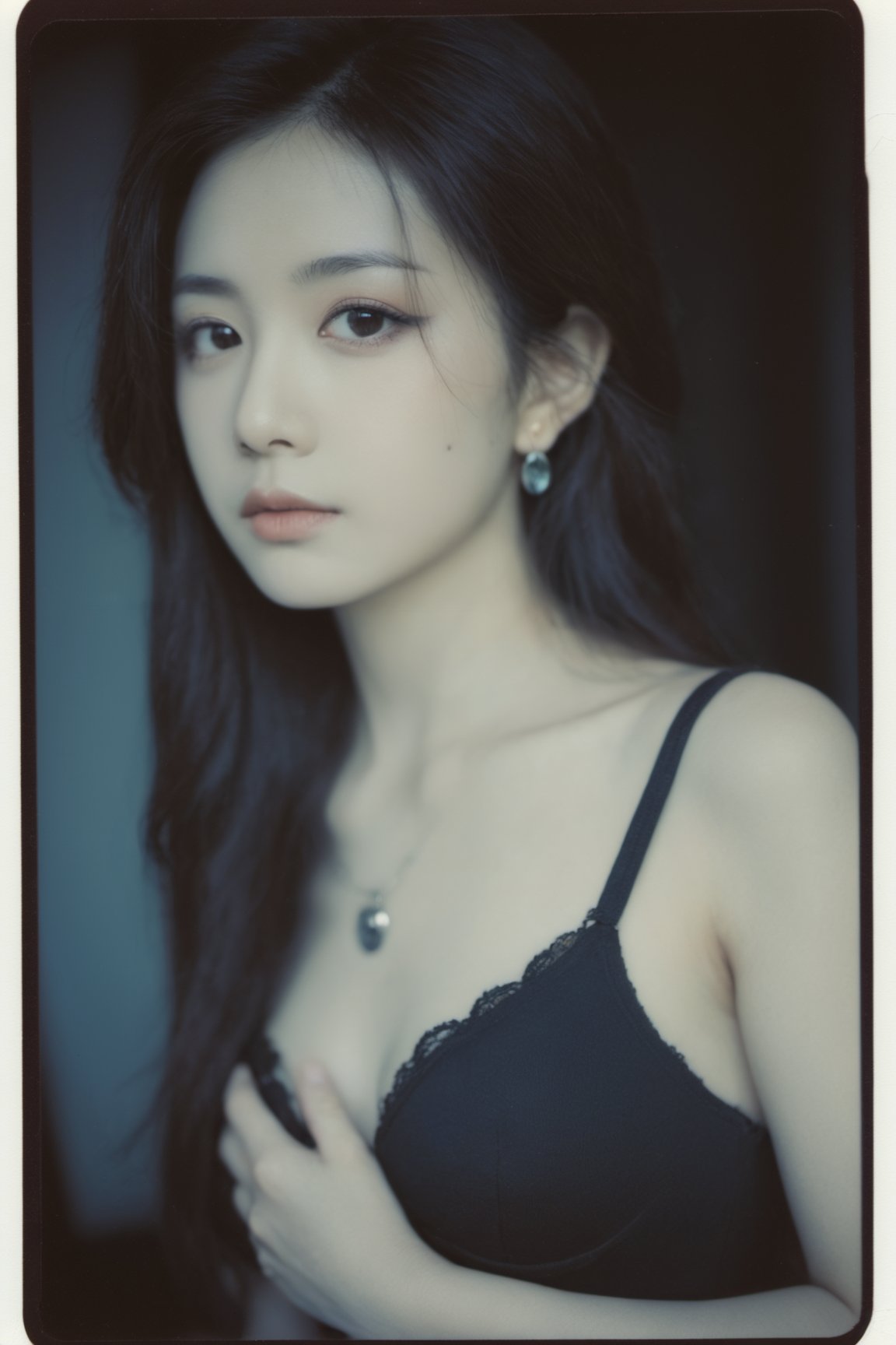 big round breasts, breasts out, xxmix_girl,portrait of a woman,polaroid,film, graininess,cooler, sad, cold, dark theme, exposure, naked, pearcing, FilmGirl, b3rli, nsfw,