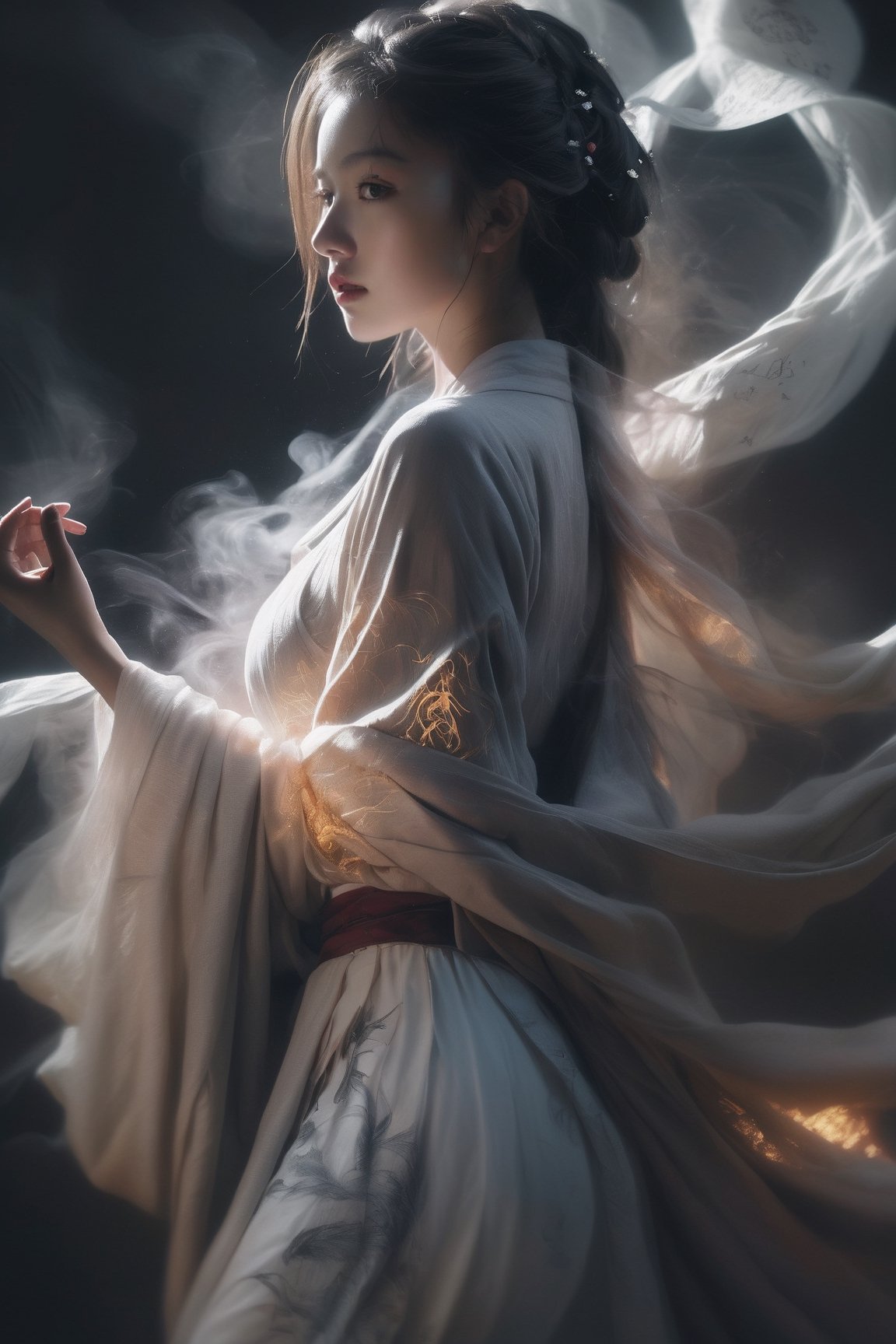 Double Exposure Style, Volumetric Lighting, a girl with Wrap top,arching her back,Traditional Attire,Artistic Calligraphy and Ink,, light depth, dramatic atmospheric lighting, Volumetric Lighting, double image ghost effect, image combination, double exposure style, looking_at_viewer, full body, long legs,