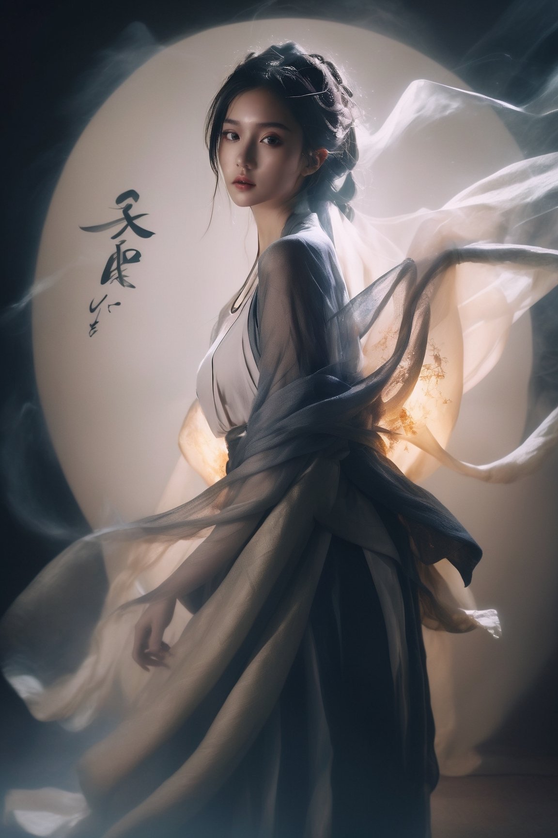 Double Exposure Style, Volumetric Lighting, a girl with Wrap top,arching her back,Traditional Attire,Artistic Calligraphy and Ink,, light depth, dramatic atmospheric lighting, Volumetric Lighting, double image ghost effect, image combination, double exposure style, looking_at_viewer, full body, long legs,