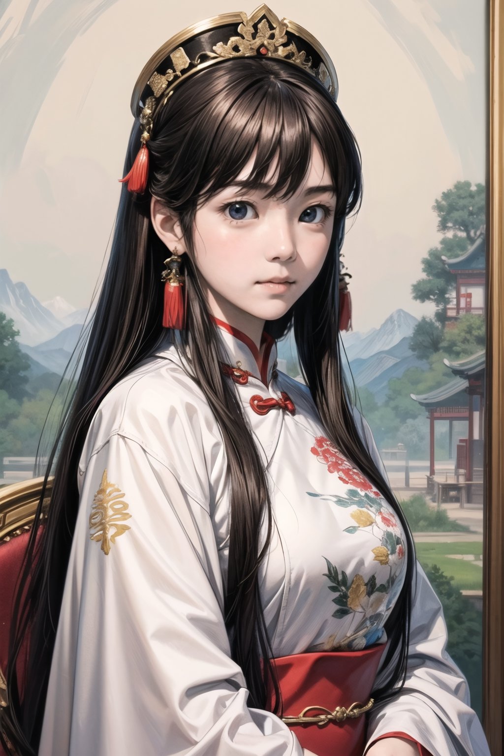 人：chinese noble, woman wearing a chinese outfit, 
優：in the style of hyperrealistic paintings, 32k uhd, dark white and light white, anime art, elaborate beadwork, exaggerated facial features, mural painting,