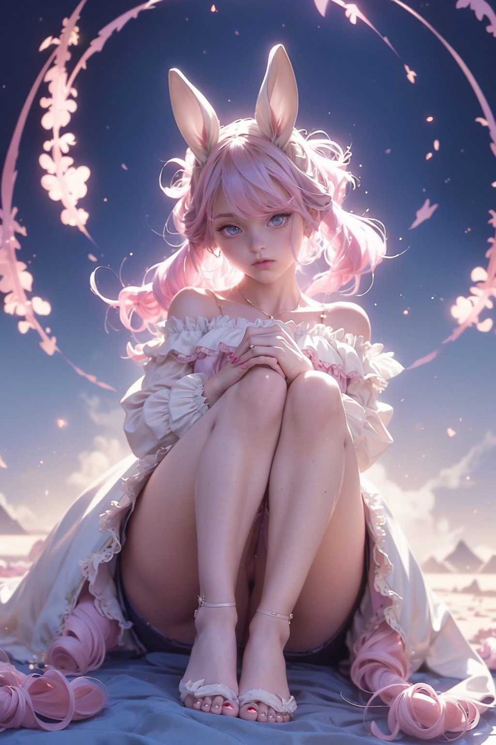 EpicGhost, masterpiece, best quality, extremely detailed, nice hands, perfect anatomy, full_body, (anthro,furry,kemono), bunny, rabbit, animal ears, body fur, 
1girl, ((ponytails, twintails, pink hair, bangs)), blue eyes, ((pink dress,1910s clothes,frilly dress, flowing translucent dress, off_shoulder, barefoot)), rabbit nose, (white fur), surrounded by rabbit plushies, candy, tea party, (delicate and graceful movements:1.3), (soft pastel colors:1.1), art_nouveau, art nouveau architecture, art nouveau designs,