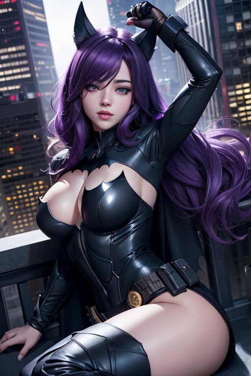 Sexy female version of batman, sleeping on back, on a skyscraper at night, purple hair, hyper realistic, hyper detailed, 8k, best quality, ultra quality 