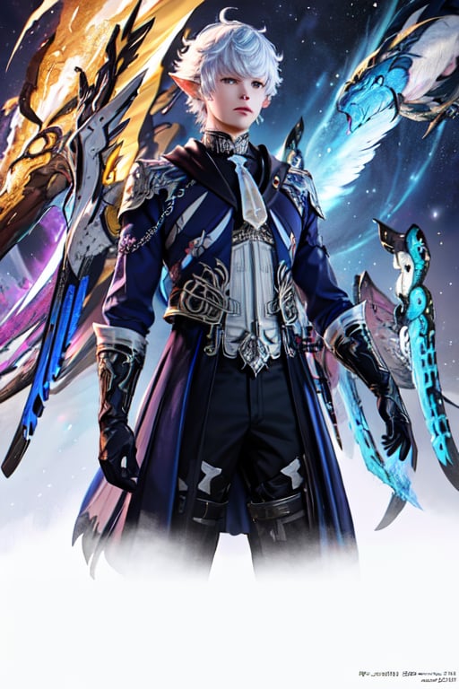 masculine young male, short-haired, (masterpiece, top quality, best quality, official art, beautiful and aesthetic:1.2), (1girl), extreme detailed,(fractal art:1.3),colorful,highest detailed,ppcp,kirara /(genshin impact/),mecha,Alphinaud, owl, beast, wings, wizards