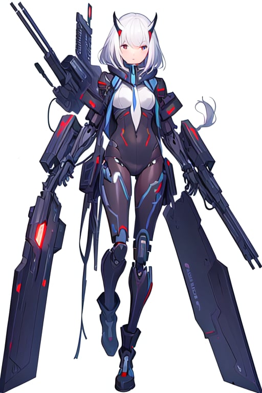 best quality,masterpiece,illustration,1 girl,solo,full body,White background,Mechanical,Mechanical body,white hair, Plasma Repeater weapon, owl mask, cyborg