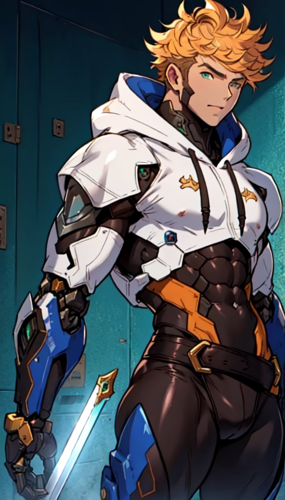 1 male, pelvic, (perfect hip, narrow waist, curvy waist:1.2), mecha body, crimson skin, green eyes, gentle, blue hair, uniqueness, strength in diversity, mechanical parts, cropped hoodie underboob, shiny skin, glossy skin, blusing face, owl mask, sword, long hair, cybernetic_enhancements,vane /(granblue fantasy/),mecha musume