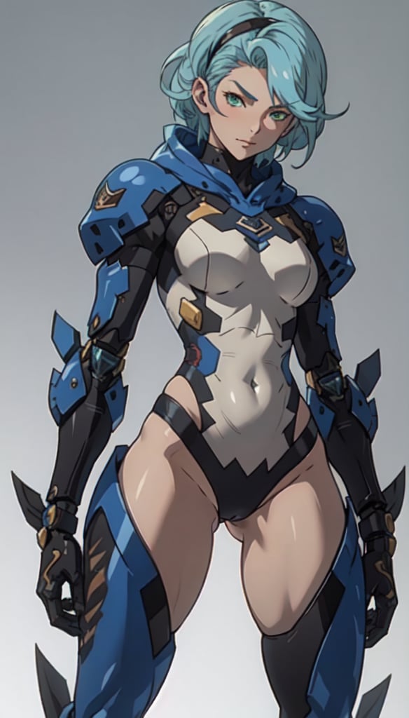 Girl, cute, loli, pelvic, (perfect hip, narrow waist, curvy waist:1.2), mecha body, crimson skin, green eyes, gentle, blue hair, uniqueness, strength in diversity, mechanical parts, cropped hoodie underboob, shiny skin, glossy skin, blusing face, sword, long hair, cybernetic_enhancements,vane /(granblue fantasy/),mecha musume, mecha wing