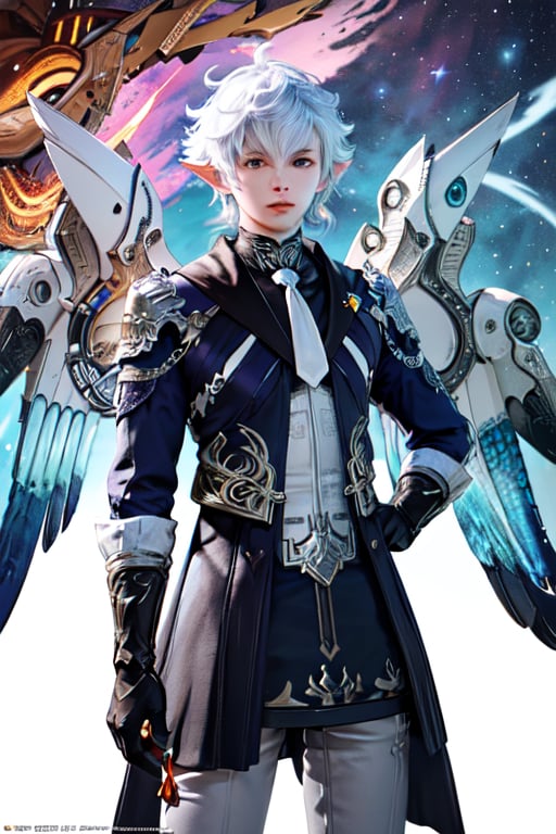 masculine young male, short-haired, (masterpiece, top quality, best quality, official art, beautiful and aesthetic:1.2), (1girl), extreme detailed,(fractal art:1.3),colorful,highest detailed,ppcp,kirara /(genshin impact/),mecha,Alphinaud, owl, beast, wings, wizards