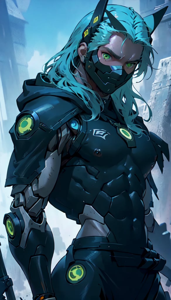 1 male, pelvic, (perfect hip, narrow waist, curvy waist:1.2), mecha body, crimson skin, green eyes, gentle, blue hair, uniqueness, strength in diversity, mechanical parts, cropped hoodie underboob, shiny skin, glossy skin, blusing face, owl mask, sword, long hair, cybernetic_enhancements