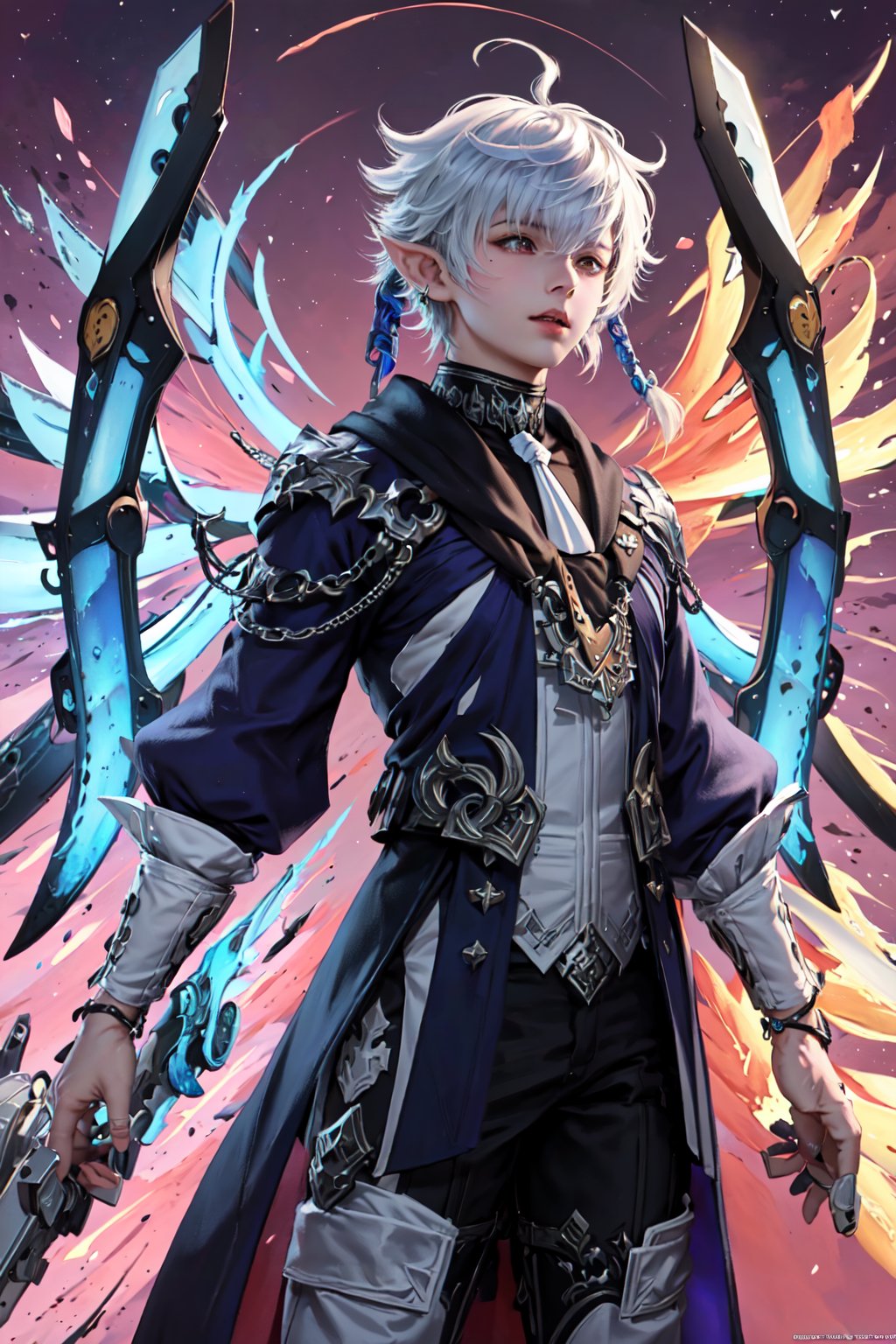 masculine young male, short-haired, (masterpiece, top quality, best quality, official art, beautiful and aesthetic:1.2), (1girl), extreme detailed,(fractal art:1.3),colorful,highest detailed,ppcp,kirara /(genshin impact/),mecha,Alphinaud, owl, beast, wings, wizards