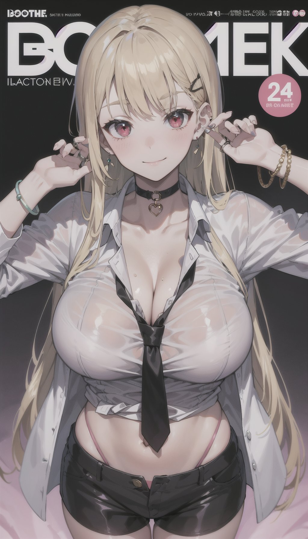 masterpiece, best quality, full body, 1girl, bangs, black choker, black necktie, blonde hair,, blush, bracelet, Choker, collarbone, collared shirt, cowboy shot, unbuttoned dress shirt, ear piercing, eyebrows visible through hair, gradient hair, confident (not smiling), gyaru, jewelry, kogal, long hair, looking at viewer, loose necktie,, piercing, red eyes, ring, unbuttonedshirt, smile, solo, midriff, black panties, boob window, cleavage, Bedroom,,illustration, no pants(magazine:1.3), (cover-style:1.3), fashionable, woman, vibrant, outfit, posing, front, colorful, dynamic, background, elements, confident, expression, holding, statement, accessory, majestic, coiled, around, touch, scene, text, cover, bold, attention-grabbing, title, stylish, font, catchy, headline, larger, striking, modern, trendy, focus, fashion,