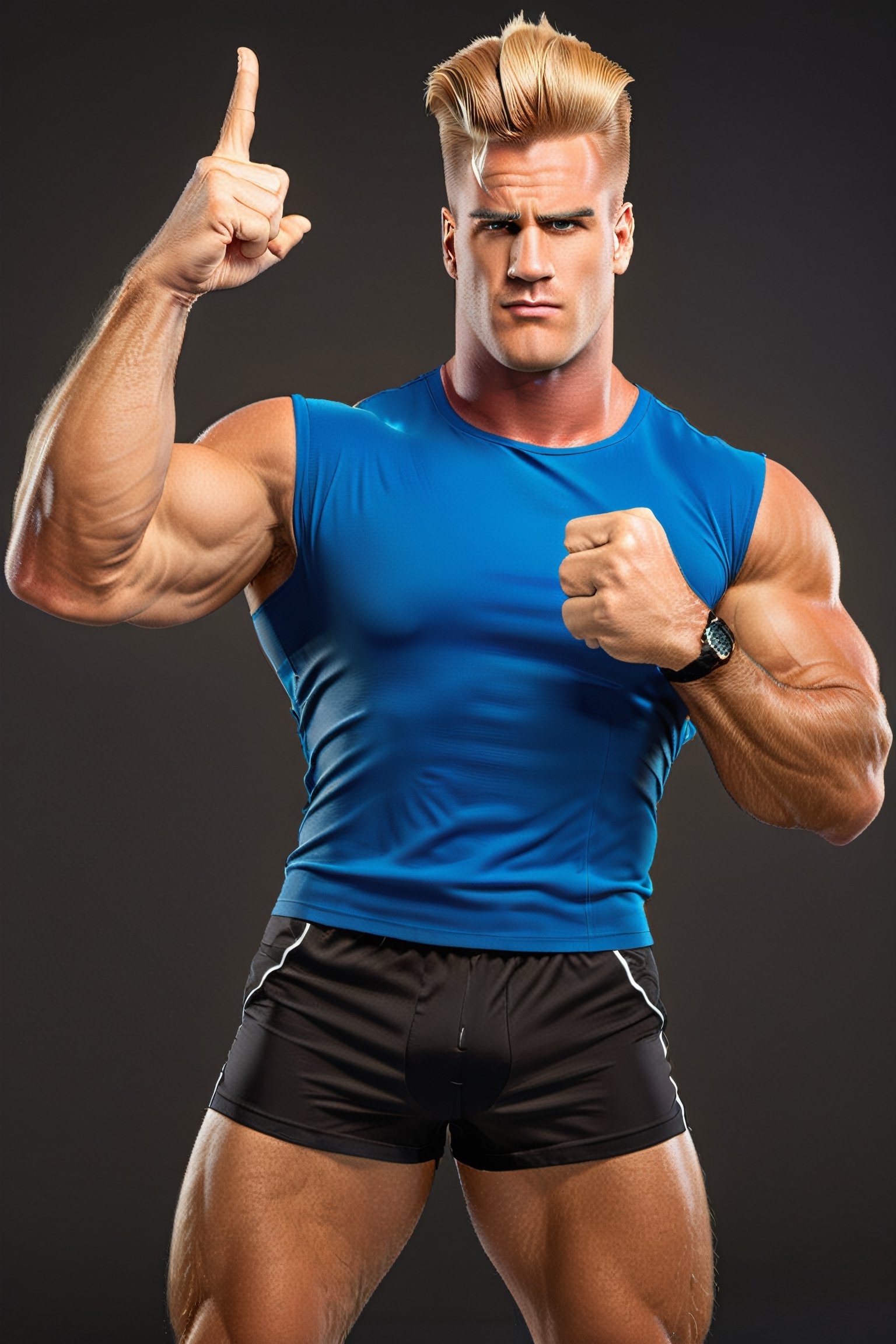 Create a captivating hyper-realistic digital artwork of Johnny Bravo, the muscular man with styled blonde hair, flexing his biceps. Show him in a professional and dynamic marketing photoshoot, capturing his confident expression and defined muscles. Posing in his signature surfing pose, thumbs up. Ensure the lighting and composition highlight his physique, creating a powerful visual impact.