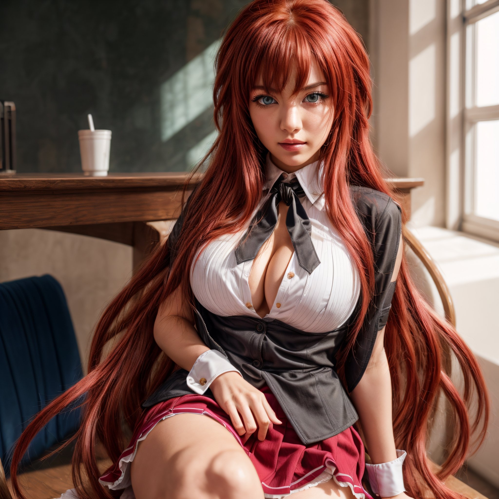  single woman, Award winning portrait of 18 year old Rias Gremory with red hair, beautiful face,  in her school uniform. She is removing her clothes, unbuttoning with her shirt, her very large mellon sized  breasts, unbuttoned shirt showing cleavage.  with white cotton blouse.  pink short skirt. White stockings
Thin waist, round ass, very large breasts, highly detailed locker room setting, fancy, beautiful, sultry look, rich blue eye color,  sfw_nudity,  absolute_cleavage,  thin waist,, lounging, red hair, thick lips,  (high detailed skin:1.2), 8k uhd, dslr, soft lighting, high quality, film grain, Fujifilm XT3, Movie Stil, candid (masterpiece,best quality,ultra_detailed,highres,absurdres:1.2),rias gremory,high_school_girl,1girl