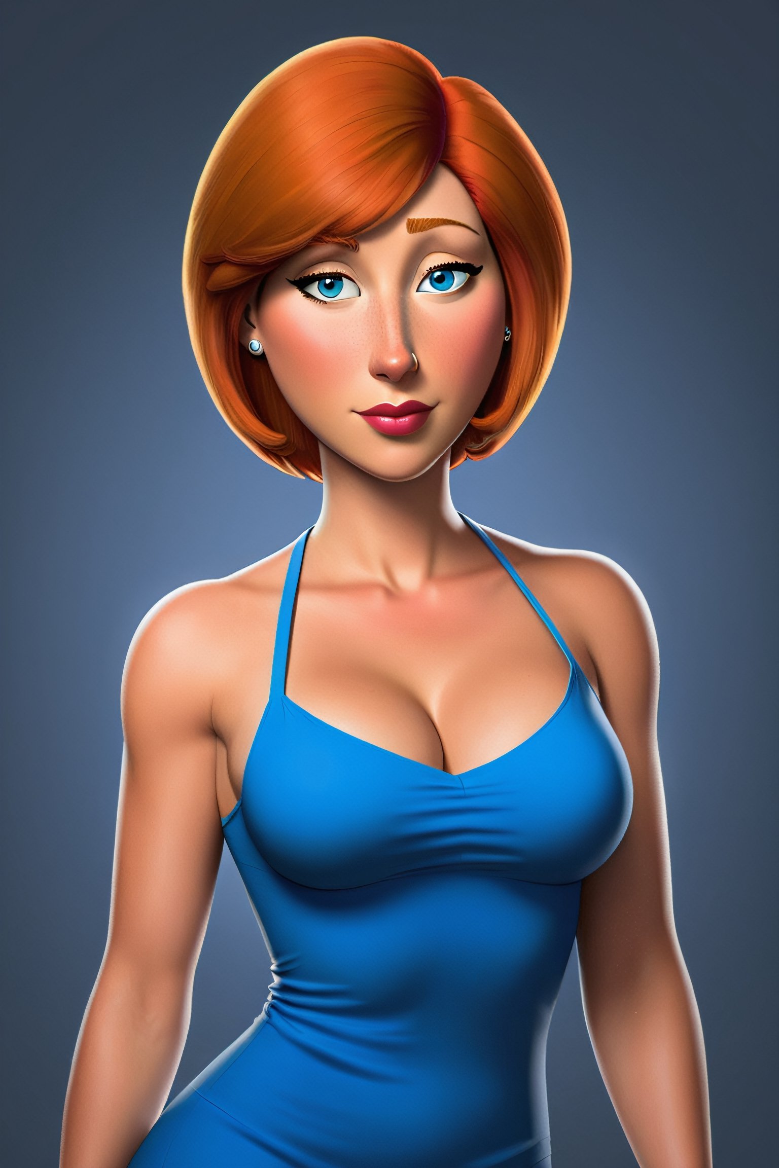 Create a hyper-realistic digital portrait of Lois Griffin from Family Guy, showcasing her beauty and confidence. She should be elegantly posed, with flawless skin, wearing a stylish and sophisticated outfit that accentuates her curves.