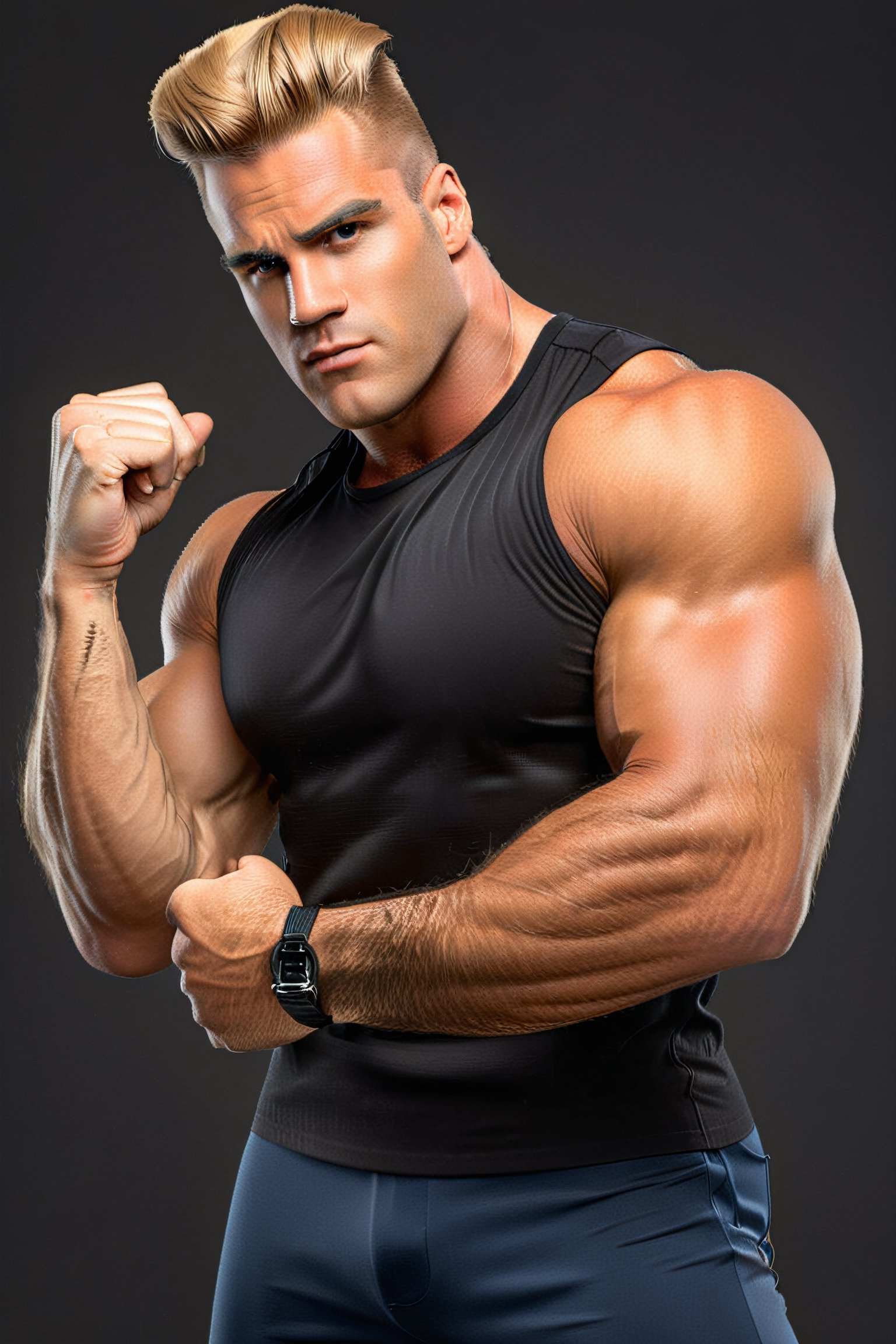 Create a captivating hyper-realistic digital artwork of Johnny Bravo, the muscular man with styled blonde hair, flexing his biceps. Show him in a professional and dynamic marketing photoshoot, capturing his confident expression and defined muscles. Ensure the lighting and composition highlight his physique, creating a powerful visual impact.