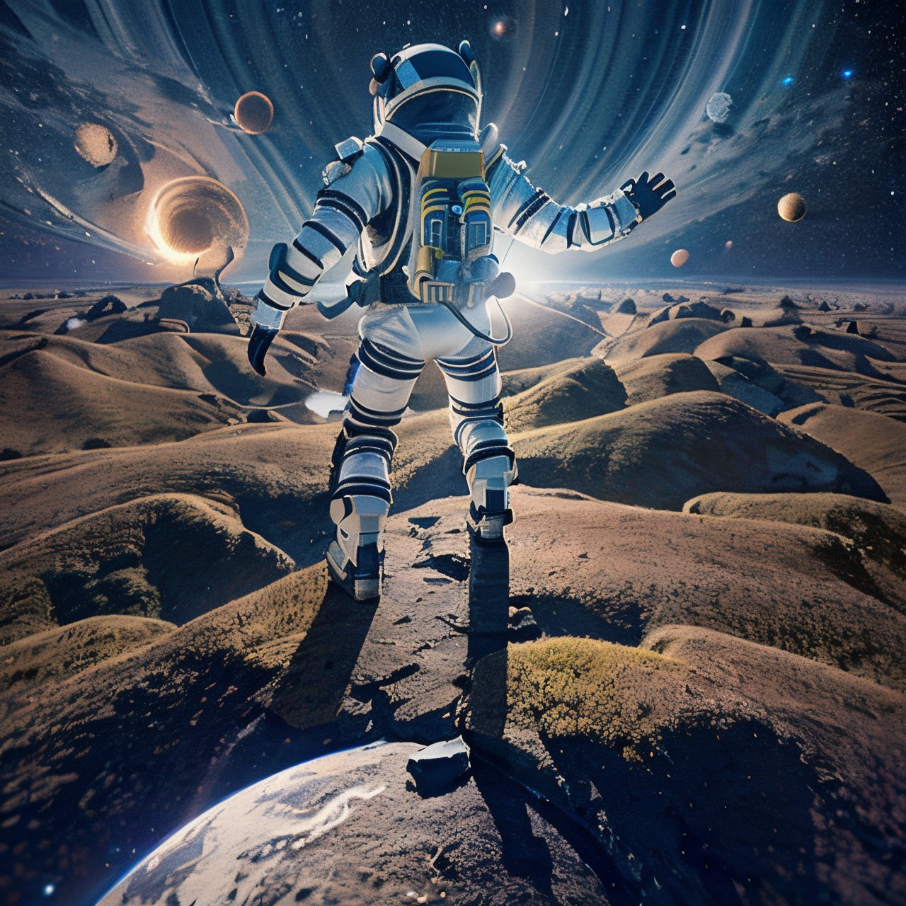 clear {{{masterpiece}}}, {{{best quality}}}, {{{ultra-detailed}}},  {3D}, {8K}, {4K}, {illustration} planet surface scene based on game starfield, solo space man with intricate dirty white suit, red patches on shoulders and backpack.  Brown stripes on legs,neo-alien_nomad,scenery