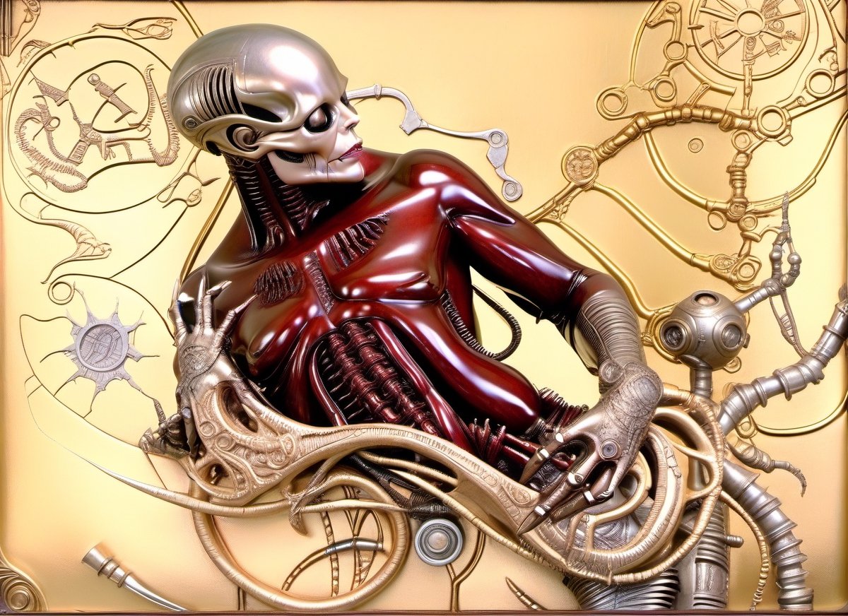 masterpiece, best quality, a photo realistic, mix H.R. Giger and Otto Dix, hyper detailed,  bio mechanical, steampunk textures, intricate detail, grotesque, rococo embossed decoration, include hieroglyphic typography on borders, flesh, violent,  deformed, robotic, cinematic lighting , extremely detailed CG,  setting,biopunk style,biopunk