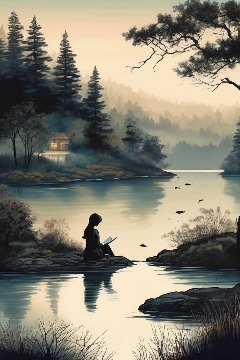 ink scenery, 1girl reading a book, lake, tree, scenery, nature, outdoors,fog, muted colors, realistic, fishes, calm atmosphere, dusk time