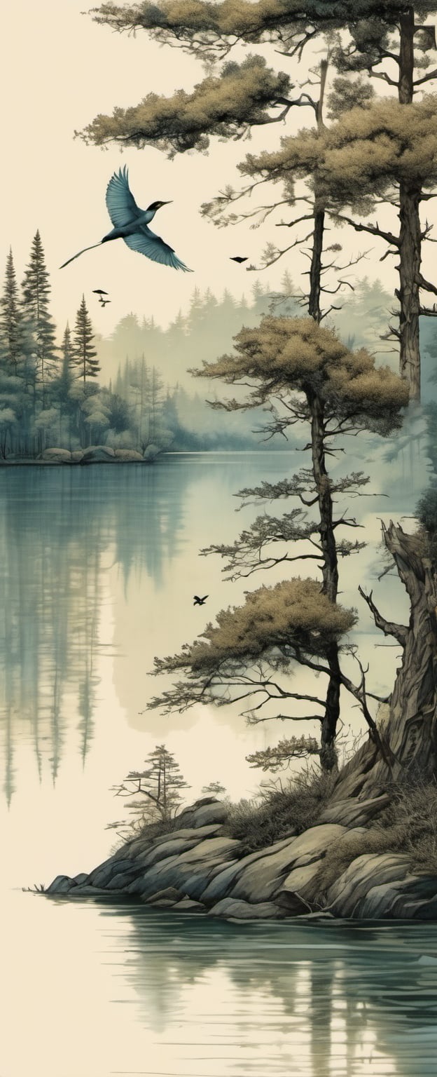 ink scenery, no humans, lake, trees, 1 big tree, muted colors, realistic, birds, fish in water