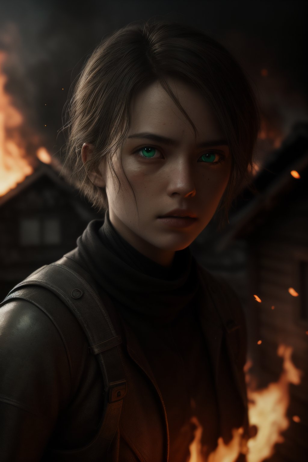 (gray background:0.1), masterpiece, dreamy, intricate details, studio photography, cinematic light, high brightness, depth of field, (cold colors:0.4), short hair, green eyes, flame particles, photo realistic, ultra-realistic, very detailed, battle scene background, foggy, gray colors, burning houses, afraid face,