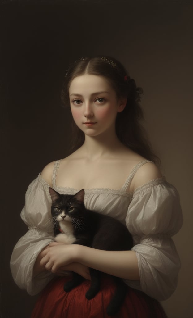 oil on canvas, (absurdres, highres, ultra detailed), Victorian,  ((Best quality)), ((masterpiece)), ((realistic)), Transcendent  femininity,  ethereal grace, masterpiece, high quality, love, hope, grace, 1girl with cat 