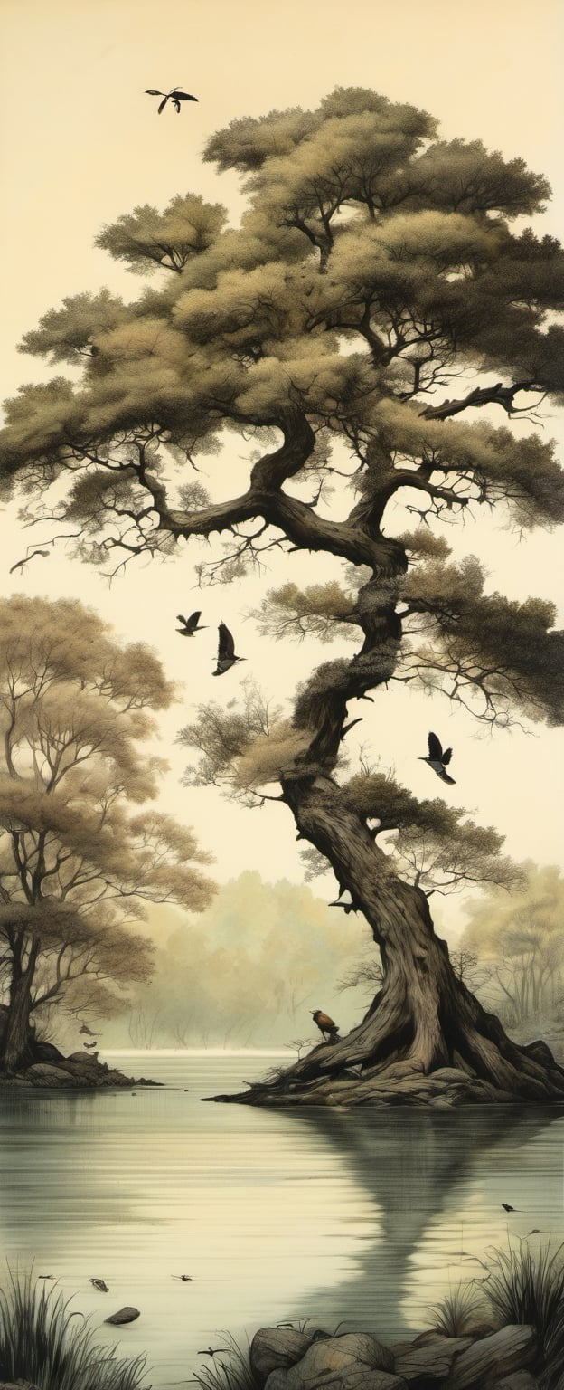 ink scenery, no humans, lake, trees, 1 big tree, muted colors, realistic, birds, fish in water