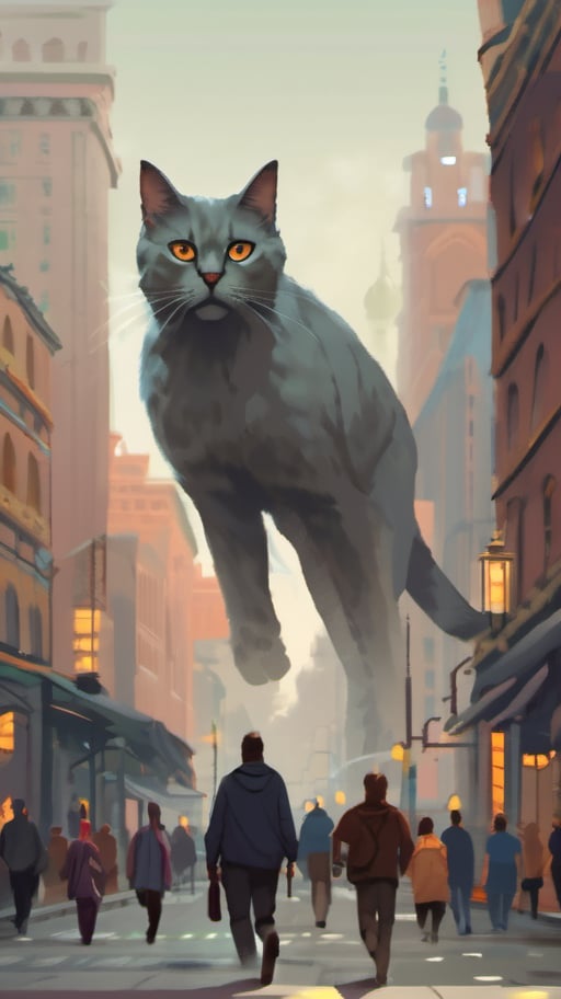 giant gray cat walking on the city , city, terrified people, people running away from the giant cat, muted colors, realistic, high quality