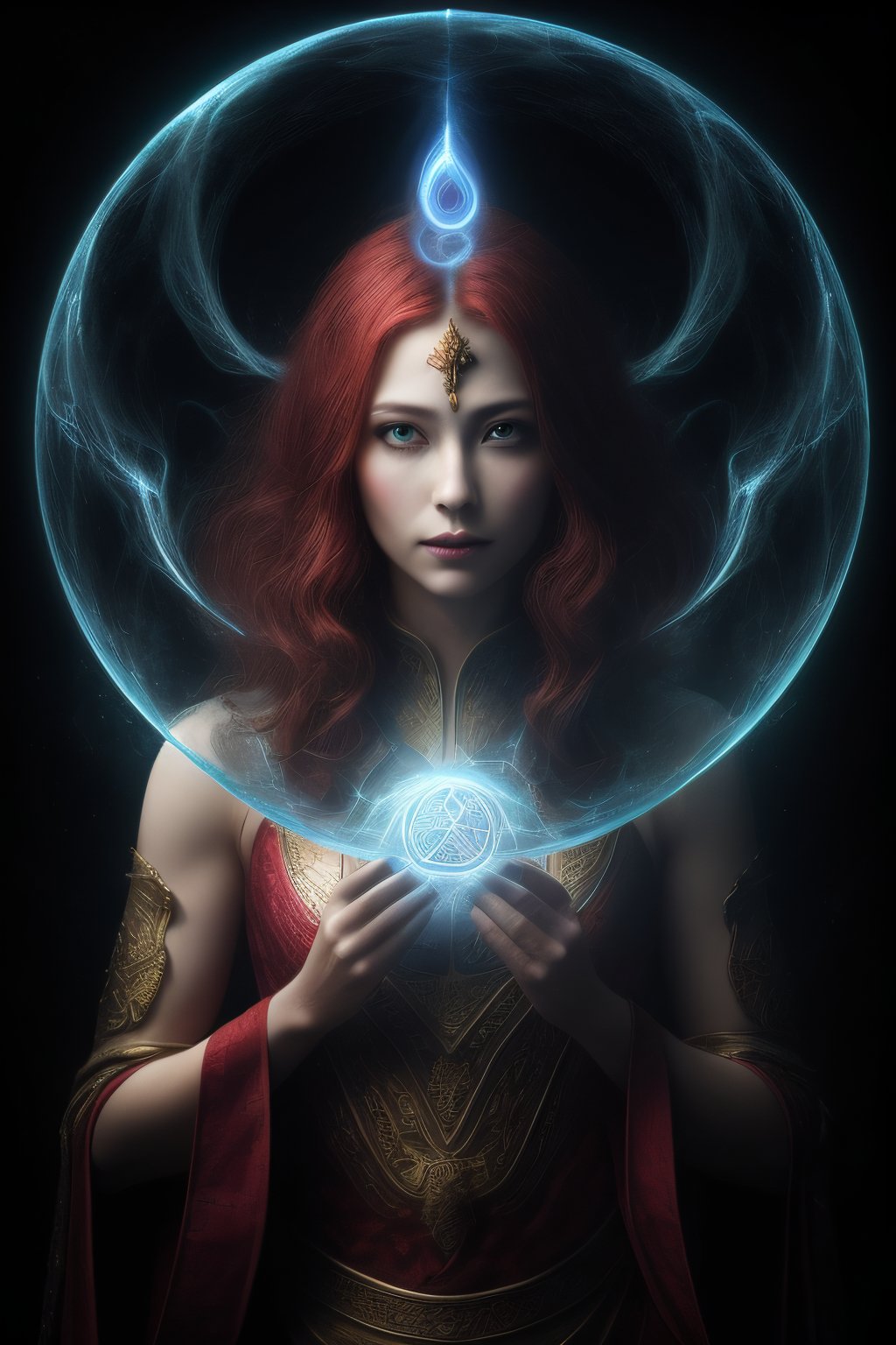 (masterpiece),(best quality:1.4),very_high_resolution,1girl,beautiful face,short hair,red hair,green eyes,beautiful hands,Flowing robes,intricate magical circles,glowing runes,shimmering aura,arcane incantations,crackling energy,ethereal staff,sparkling motes,glowing sigils,otherworldly chanting,mysterious symbols,transcendent water magic,water magician,waterball,upper body shot,kinetic expressions,