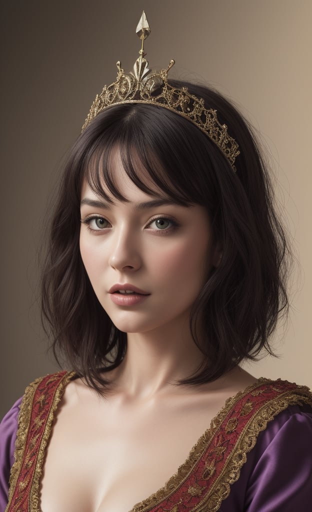 (masterpiece), (best_quality), (ultra-detailed), (illustration), (ultra-realistic), (welcoming), 1girl, medival queen, official art, purple color, short hair