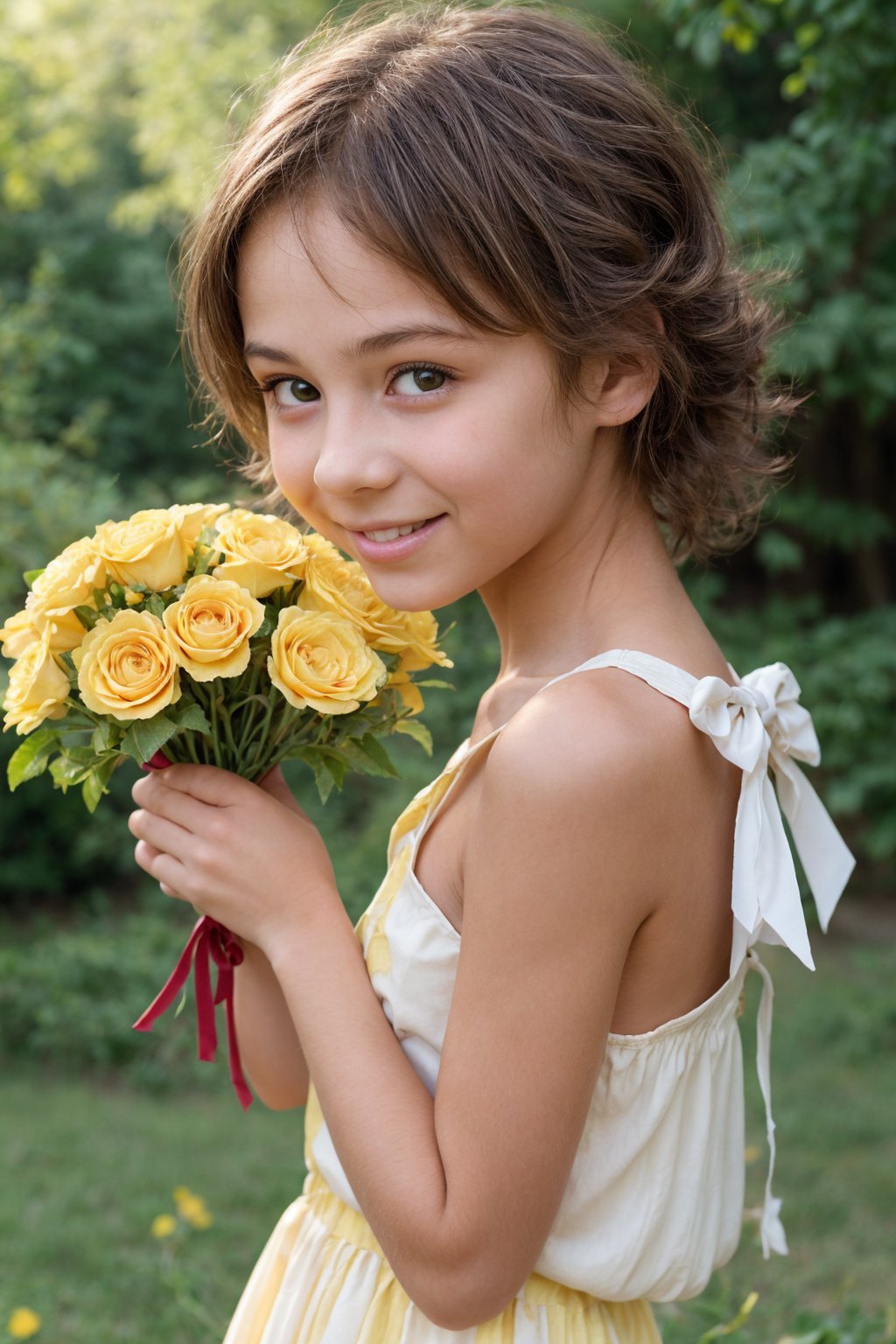 A sunny afternoon in a lush green park, warm golden light casts a flattering glow on an 11-year-old alluring tween girl. She wears a bright yellow sundress with white flowers and a matching bow tied around her curly brown hair, showcasing her sweet innocence. The framing of the shot focuses on her radiant smile as she gazes down at a bouquet of colorful flowers in her hands.