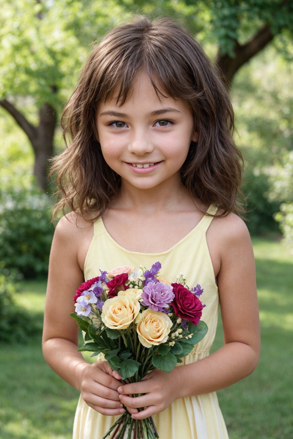 A sunny afternoon in a lush green park, warm golden light casts a flattering glow on an 11-year-old alluring tween girl. She wears a bright yellow sundress with white flowers and a matching bow tied around her curly brown hair, showcasing her sweet innocence. The framing of the shot focuses on her radiant smile as she gazes down at a bouquet of colorful flowers in her hands.