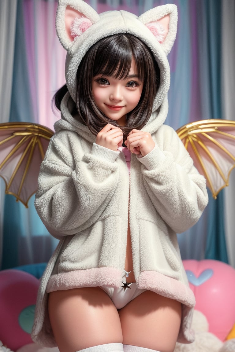 A kemono girl with a whimsical design! The scene is set in a pastel-colored, star-studded fancy candy shop. The subject, with a fanged smile and button nose, stands amidst swirling clouds of sugar and spice. Her fluffy fur-covered body, adorned with a heart-shaped face, sports large bat wings that seem to sprout from her back like a majestic cloak. Her paw-like hands and feet grasp oversized hoodie strings, which feature wing holes, adding an extra layer of whimsy. Thigh-high socks and sparkly effects complete the digital art style. The kemono girl's big expressive eyes, with star-shaped pupils, shine bright as she gazes out at the viewer, her blush cheeks and chibi proportions making her appear even more endearing.