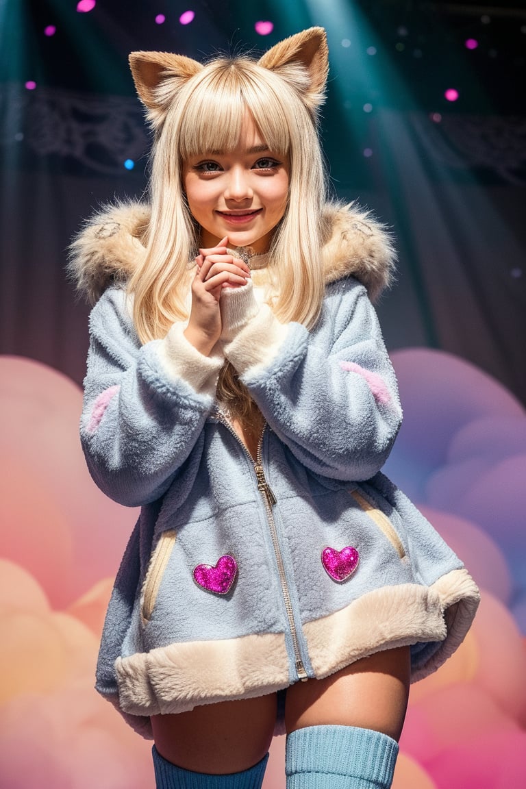 A kemono girl with a whimsical design! The scene is set in a pastel-colored, star-studded fancy candy shop. The subject, with a fanged smile and button nose, stands amidst swirling clouds of sugar and spice. Her fluffy fur-covered body, adorned with a heart-shaped face, sports large bat wings that seem to sprout from her back like a majestic cloak. Her paw-like hands and feet grasp oversized hoodie strings, which feature wing holes, adding an extra layer of whimsy. Thigh-high socks and sparkly effects complete the digital art style. The kemono girl's big expressive eyes, with star-shaped pupils, shine bright as she gazes out at the viewer, her blush cheeks and chibi proportions making her appear even more endearing.