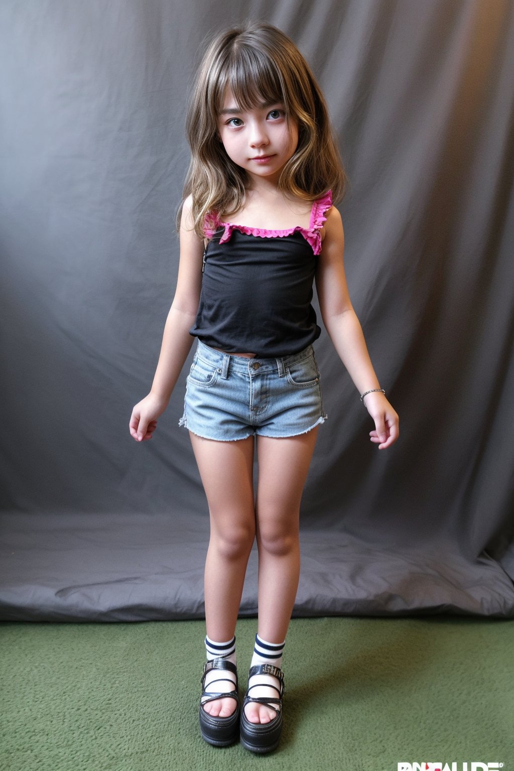 A young girl, around 11 years old, with a petite build and a mini-style, stands in alluring pose and the legs are slightly open. childish colorful wear 