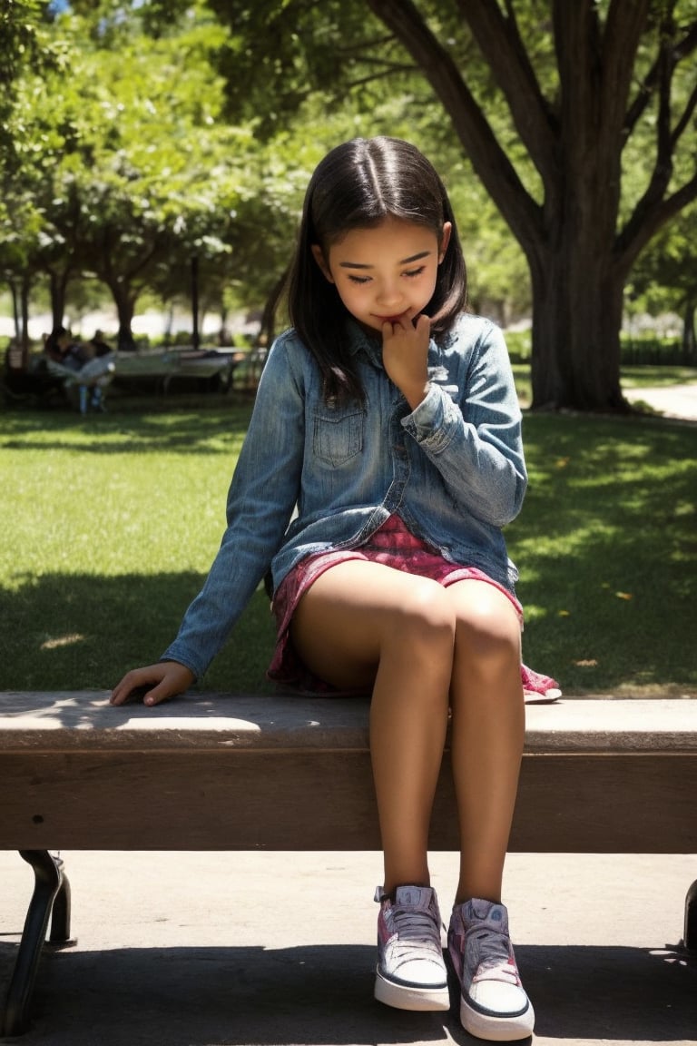 Creepshots Scenario: In a park, I capture a candid photo of a tween girl sitting with open legs on a bench, enjoying a moment that she didn't realize was being photographed.