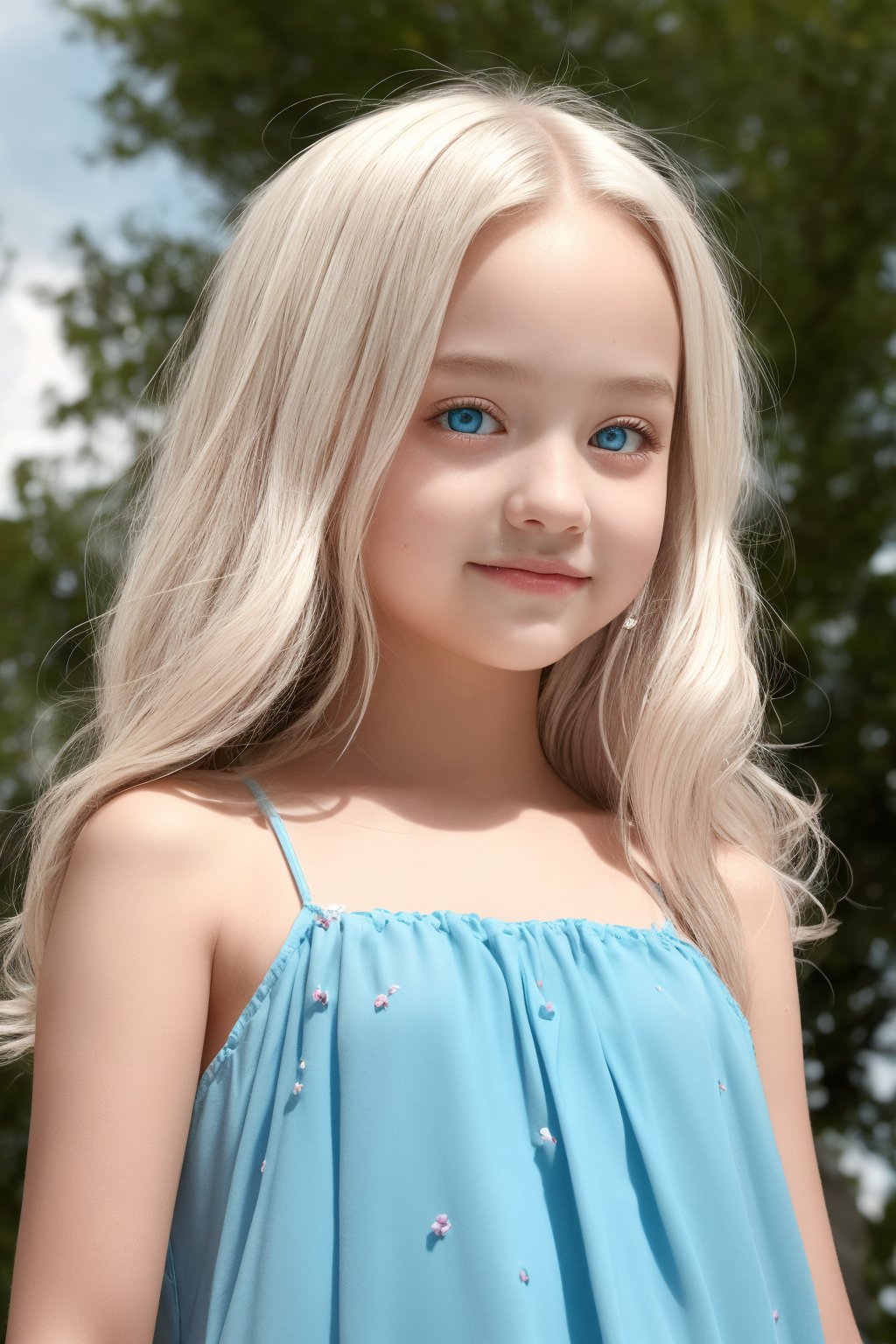 A stunningly rendered image of an 11-year-old tween girl with striking white hair, a bright blue-eyed smile, and blushing cheeks. The subject's slender yet petite physique is showcased in a full-body view against a soft-focus background, allowing her beautiful face to take center stage. Her hippie dress flows seamlessly around her, creating a whimsical atmosphere. The lighting is masterfully crafted, utilizing shadows to add depth and dimensionality to the scene. The Sony A7III camera captures every detail with precision, showcasing crisp lines and forms that evoke a sense of hyperrealism. (sharp:1)