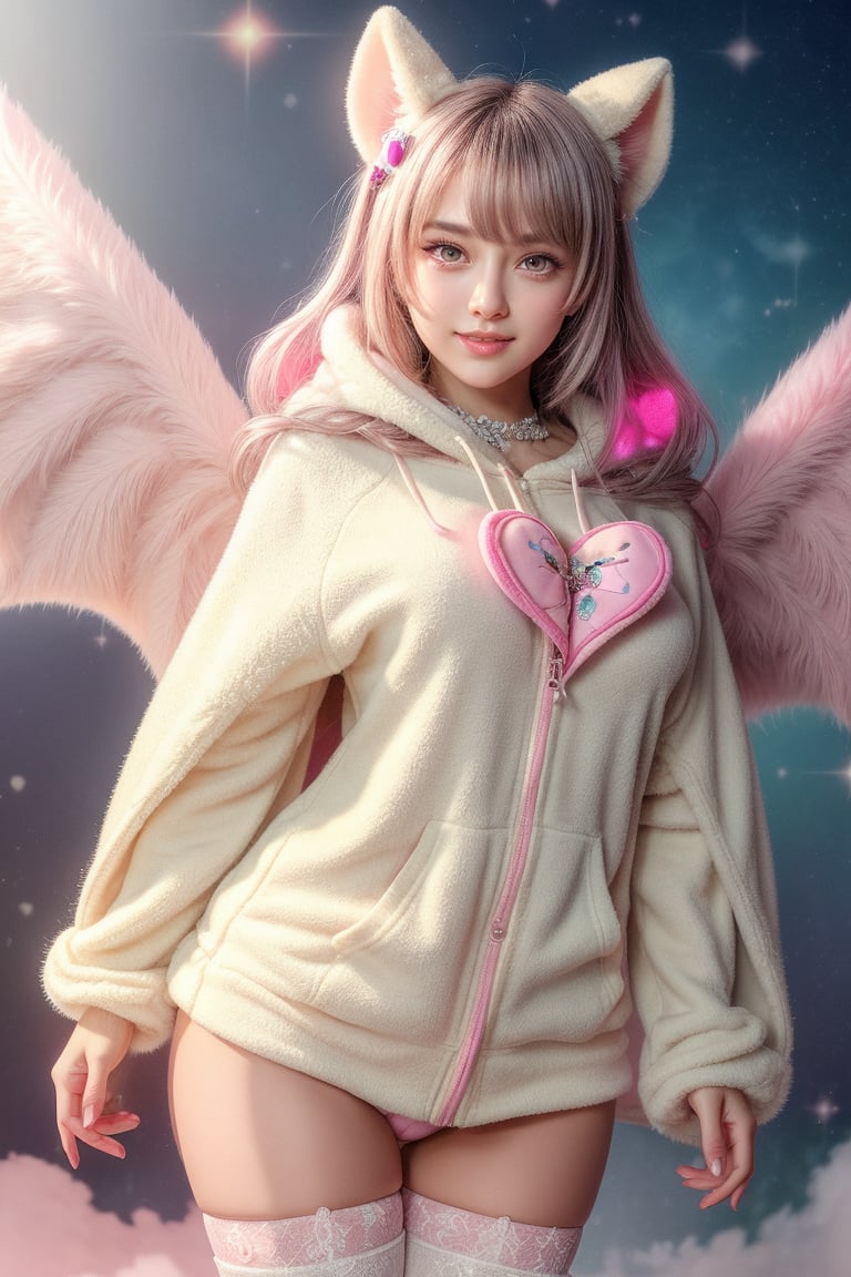 A kemono girl with whimsical design stands in a pastel-colored, star-studded fancy candy shop amidst swirling clouds of sugar and spice. Her fanged smile and button nose are highlighted against fluffy fur-covered body adorned with heart-shaped face. Large bat wings sprout from her back like majestic cloak, grasping oversized hoodie strings with wing holes. Thigh-high socks and sparkly effects complete digital art style. Her big expressive eyes with star-shaped pupils shine bright as she gazes out at viewer, blush cheeks and chibi proportions making her appear endearing amidst sugary chaos.