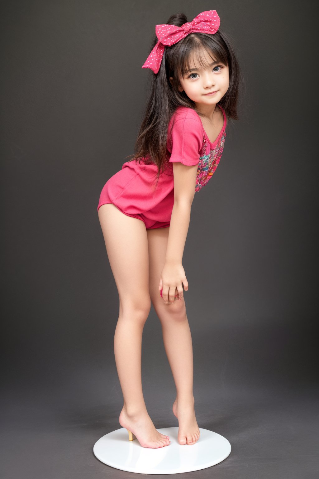 A young girl, around 11 years old, with a petite build and a mini-style, stands in alluring pose and the legs are slightly open. childish colorful wear 