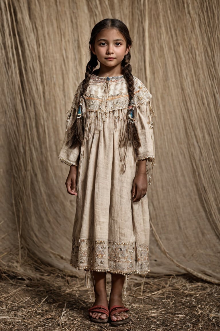 Full body view.Sepia-toned 8K HDR close-up captures a young Native American girl from 1890, radiating confidence as she gazes directly at the viewer. Soft setting sun glow warms her blushing face, highlighting intricate beadwork and braids against a warm background. Traditional clothing wraps around her slender frame, textured with details. In the foreground, her confident pose is juxtaposed with the vibrant bustle of village life in the distance, where community members go about their daily routines.