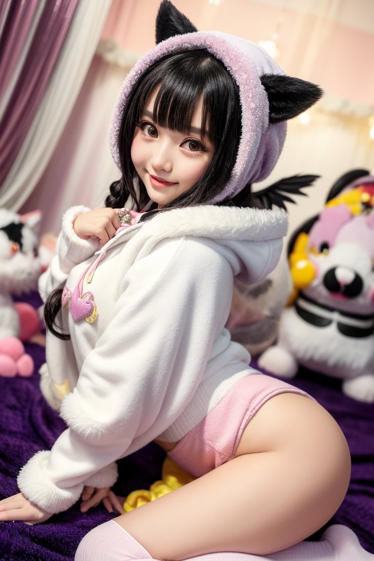 A kemono girl with a whimsical design! The scene is set in a pastel-colored, star-studded fancy candy shop. The subject, with a fanged smile and button nose, stands amidst swirling clouds of sugar and spice. Her fluffy fur-covered body, adorned with a heart-shaped face, sports large bat wings that seem to sprout from her back like a majestic cloak. Her paw-like hands and feet grasp oversized hoodie strings, which feature wing holes, adding an extra layer of whimsy. Thigh-high socks and sparkly effects complete the digital art style. The kemono girl's big expressive eyes, with star-shaped pupils, shine bright as she gazes out at the viewer, her blush cheeks and chibi proportions making her appear even more endearing.