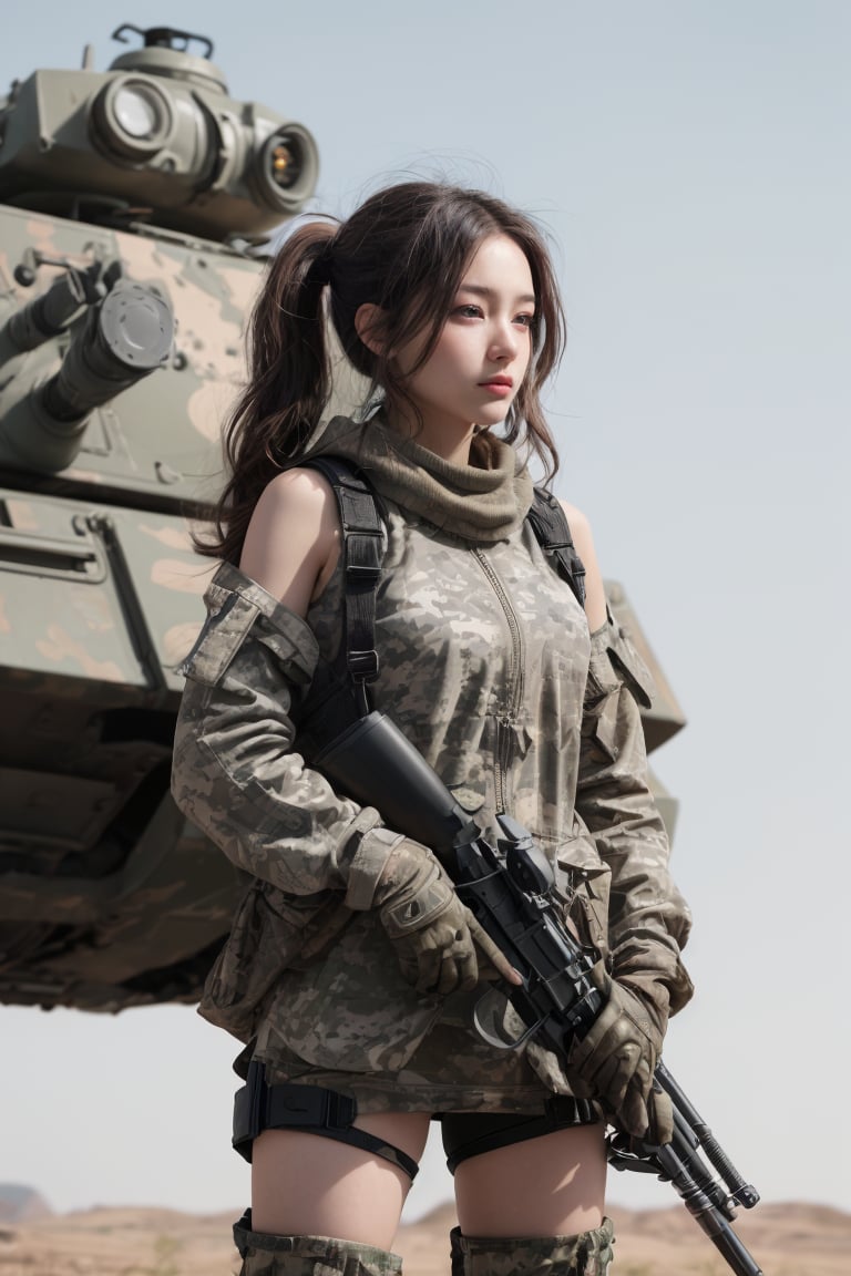 A stunning, high-resolution masterpiece showcases a solo female warrior standing confidently in front of a simple, light gray background. Her striking brown eyes gleam as she smiles warmly at the viewer, her twin tails flowing gently down her back. Wearing brown gloves and long sleeves, she holds a rifle against her shoulder, with a camouflaged tank looming large behind her. A rugged truck and military vehicle flank her, while a deformed tank (1.5 times larger) dominates the horizon. Her outfit is completed by a helmet, goggles on hat, and boots, all amidst an exquisite texture that rivals reality.