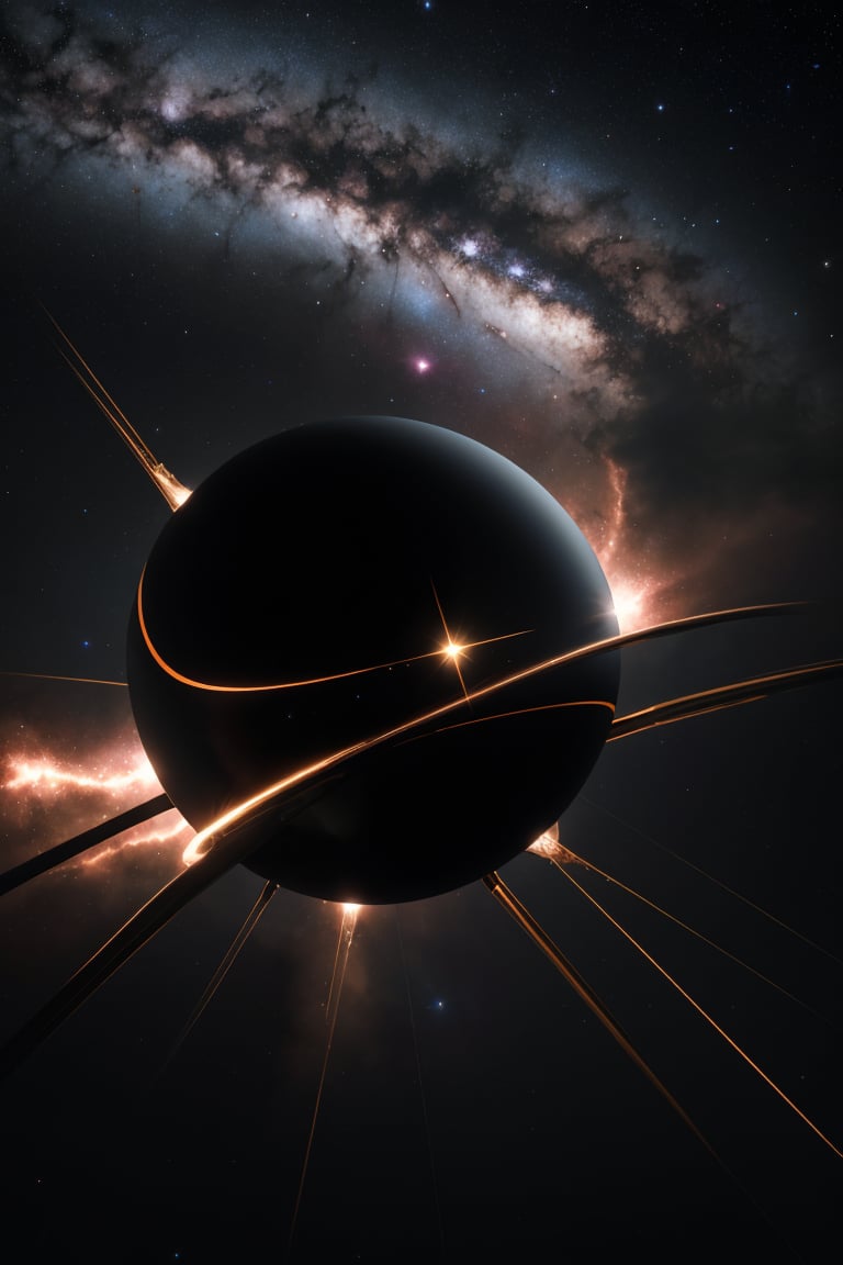 In a breathtakingly rendered 8K HDR image, the Stargard spaceship soars majestically against a velvety black sky. The hyperrealistic detail is stunning as metallic surfaces gleam with subtle sheen, while engines blaze with fiery intensity. Framed by a sweeping curve of stars and galaxies, this masterpiece of interstellar engineering seems to defy gravity, its sleek lines and angular shapes radiating an aura of power and exploration.