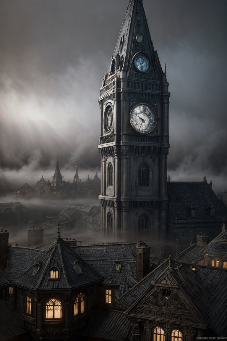 Steampunk cityscape in swirling fog, masterpiece, fantasy, digital art, highly detailed, overall detail, atmospheric lighting, Awash in a haze of light leaks reminiscent of film photography, awesome background, highly detailed styling, studio photo, intricate details, highly detailed, cinematic, ,  msfg, fog, smoke,
