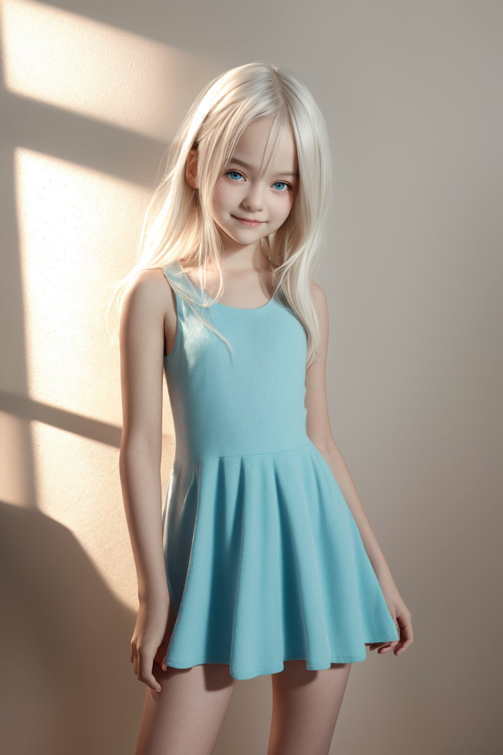 A stunningly rendered image of an 11-year-old tween girl with striking white hair, a bright blue-eyed smile, and blushing cheeks. The subject's slender yet petite physique is showcased in a full-body view against a soft-focus background, allowing her beautiful face to take center stage. Her hippie dress flows seamlessly around her, creating a whimsical atmosphere. The lighting is masterfully crafted, utilizing shadows to add depth and dimensionality to the scene. The Sony A7III camera captures every detail with precision, showcasing crisp lines and forms that evoke a sense of hyperrealism. (sharp:1)